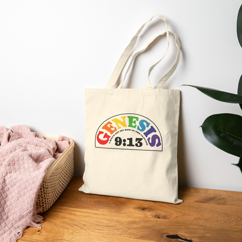 Genesis 9:13 Rainbow Canvas Tote Bag — Bible Verse